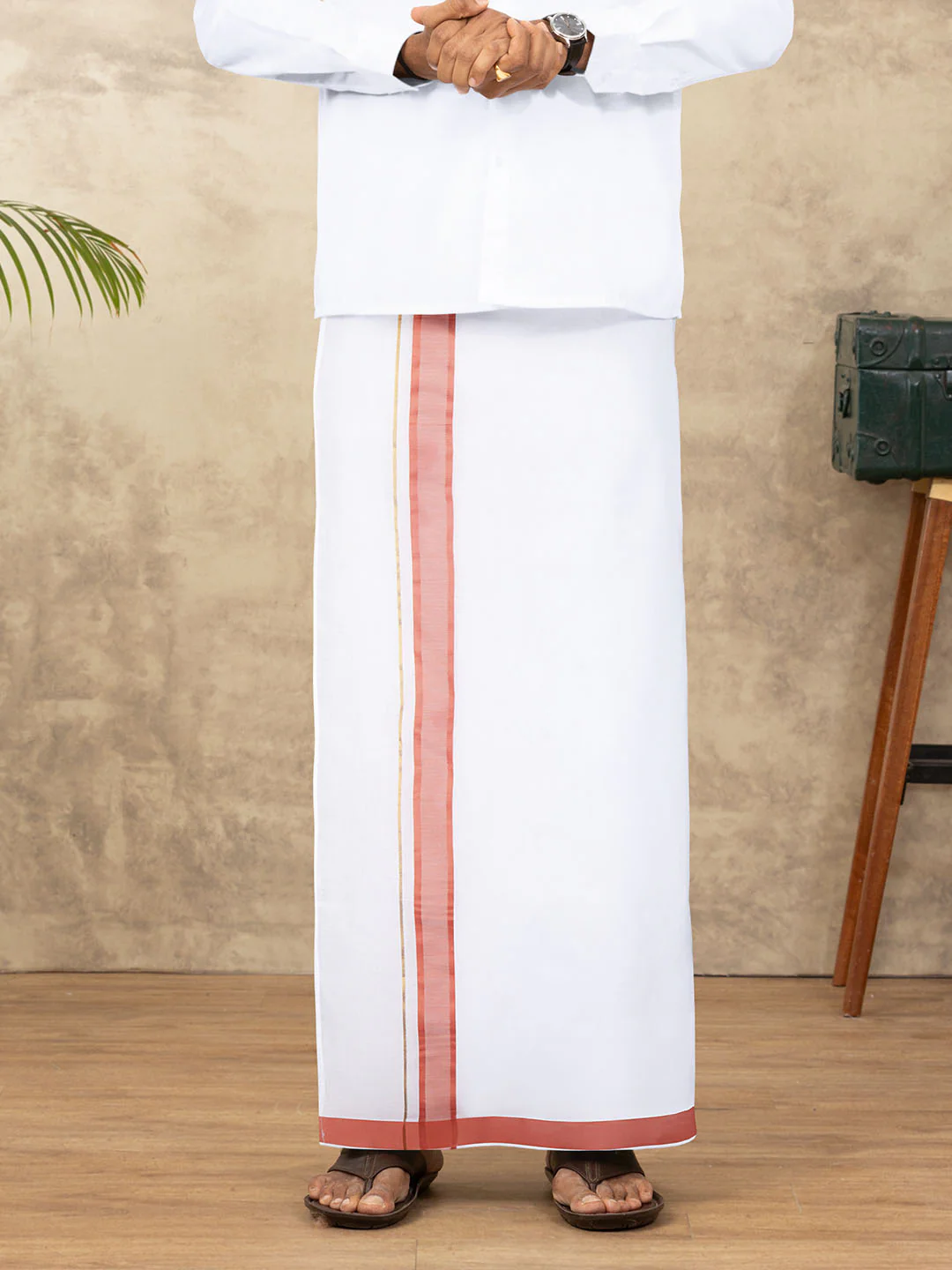 Men Cotton Blend Readymade Double Layer White Dhoti with Fancy Jari Border GFDA08 - Image 6