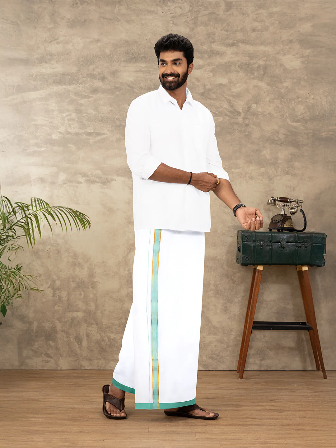 Men Cotton Blend Readymade Double Layer White Dhoti with Fancy Jari Border GFDA14 - Image 2