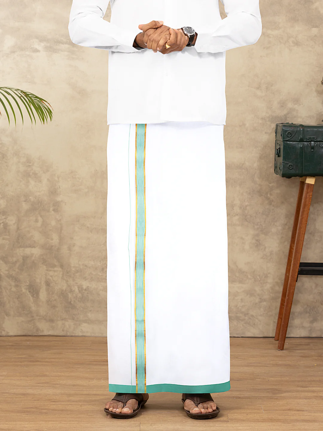 Men Cotton Blend Readymade Double Layer White Dhoti with Fancy Jari Border GFDA14 - Image 3