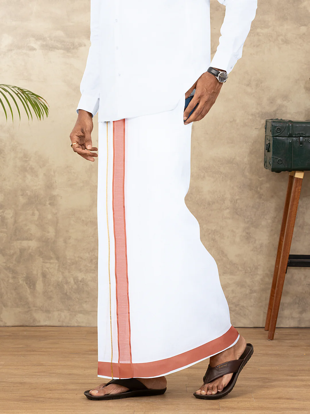 Men Cotton Blend Readymade Double Layer White Dhoti with Fancy Jari Border GFDA17
