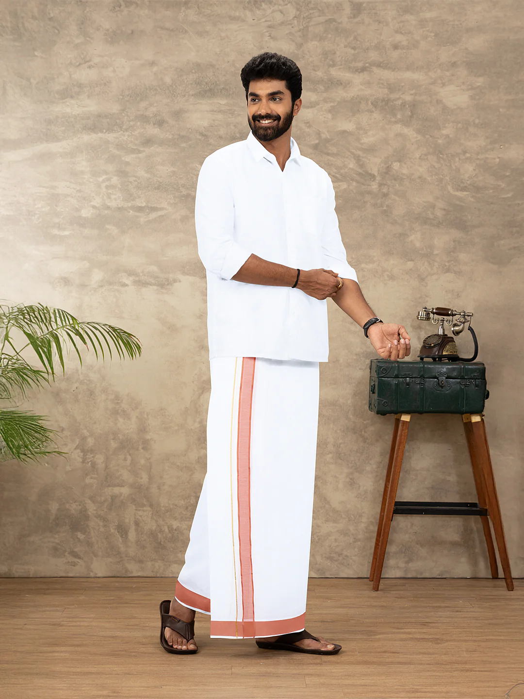Men Cotton Blend Readymade Double Layer White Dhoti with Fancy Jari Border GFDA17 - Image 2