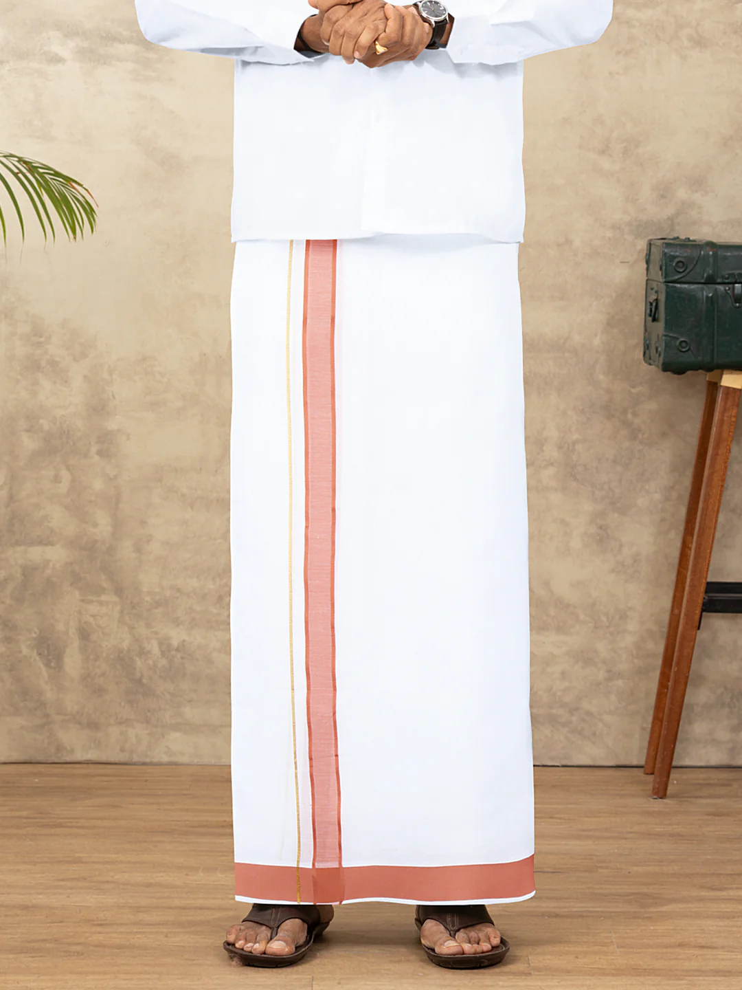 Men Cotton Blend Readymade Double Layer White Dhoti with Fancy Jari Border GFDA17 - Image 3