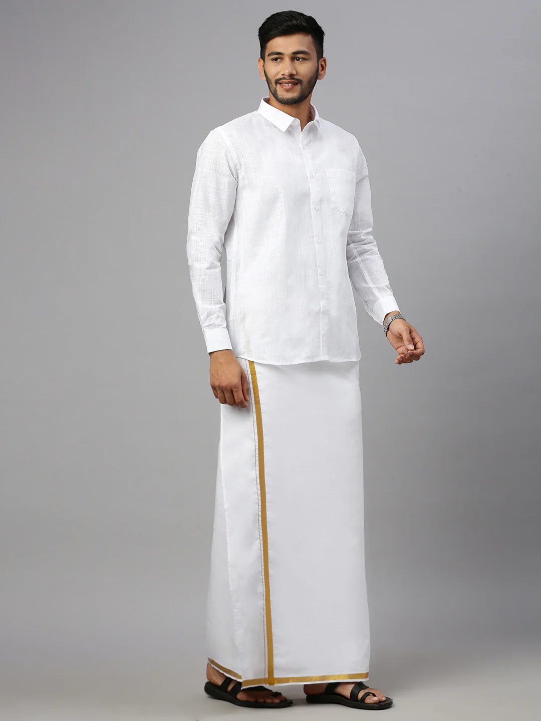 Men Cotton Blend Readymade Double Layer White Dhoti with Gold Jari Border - Image 3