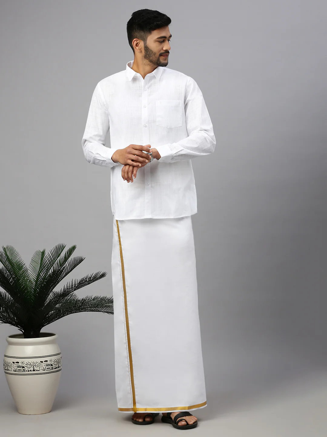 Men Cotton Blend Readymade Double Layer White Dhoti with Gold Jari Border - Image 4