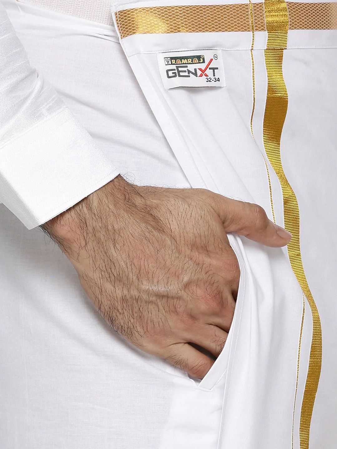 Men Cotton Blend Readymade Double Layer White Dhoti with Gold Jari Border - Image 2