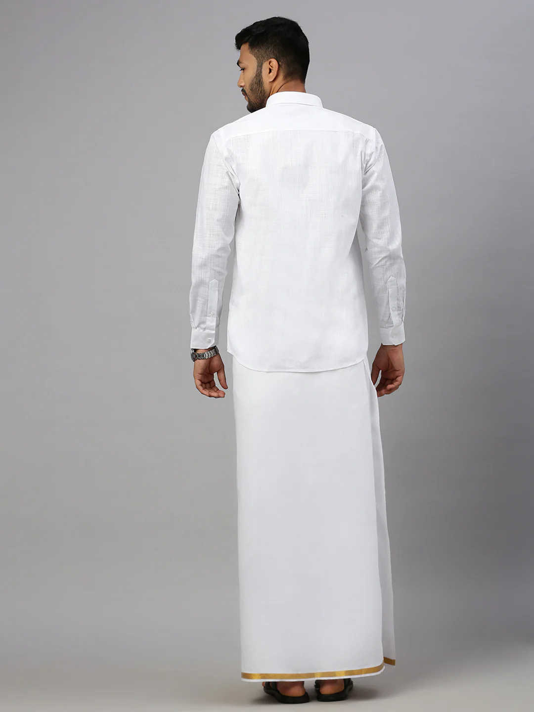 Men Cotton Blend Readymade Double Layer White Dhoti with Gold Jari Border - Image 3