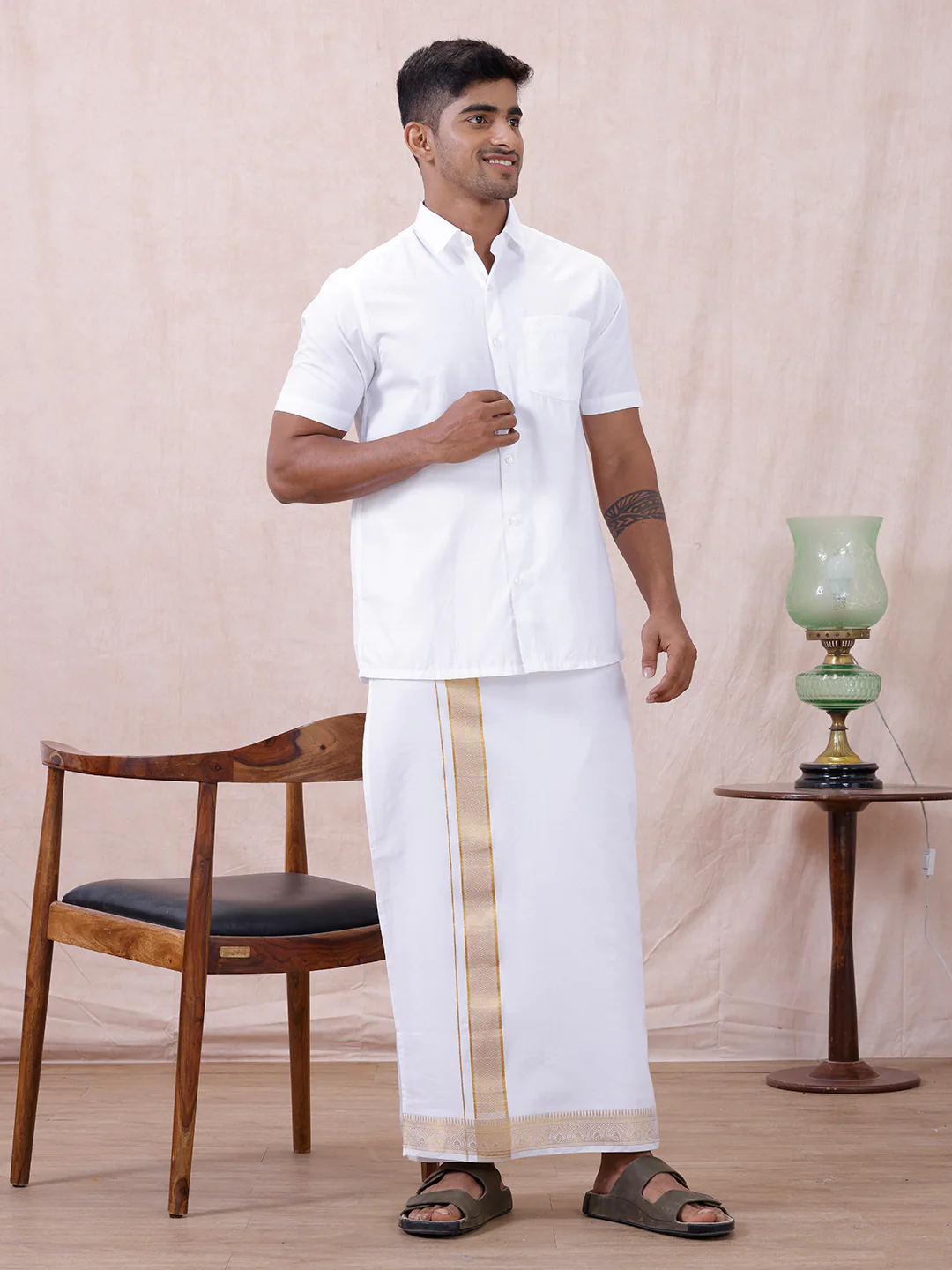 Men Cotton Blend Readymade Double Layer White Dhoti with Gold Jari Border GAA01 - Image 3