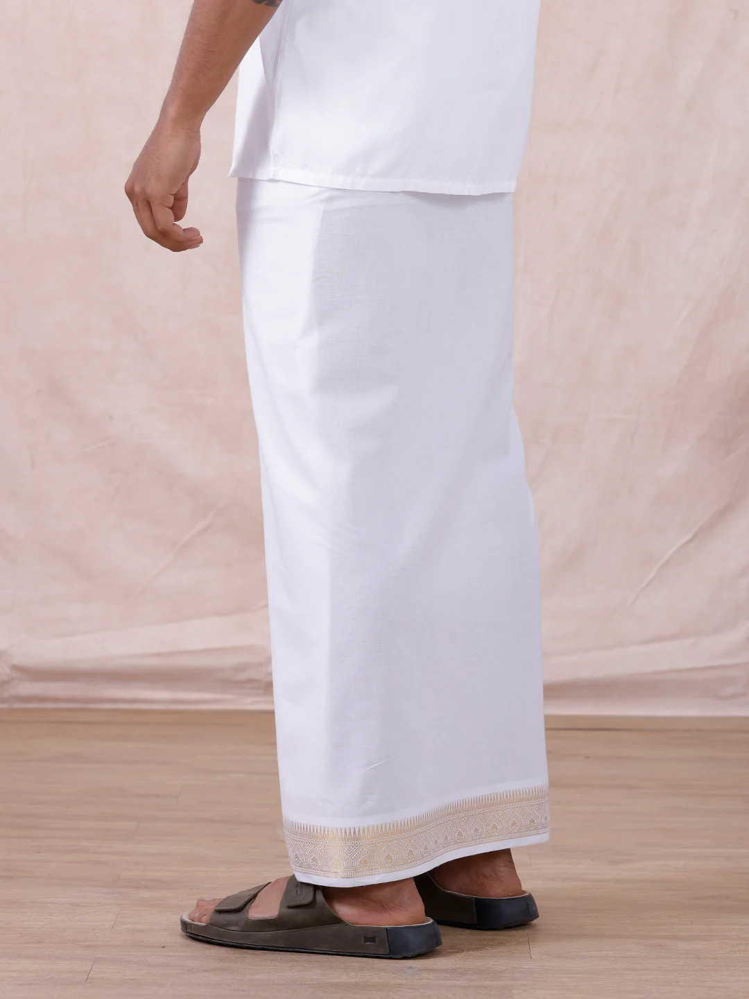 Men Cotton Blend Readymade Double Layer White Dhoti with Gold Jari Border GAA01 - Image 4