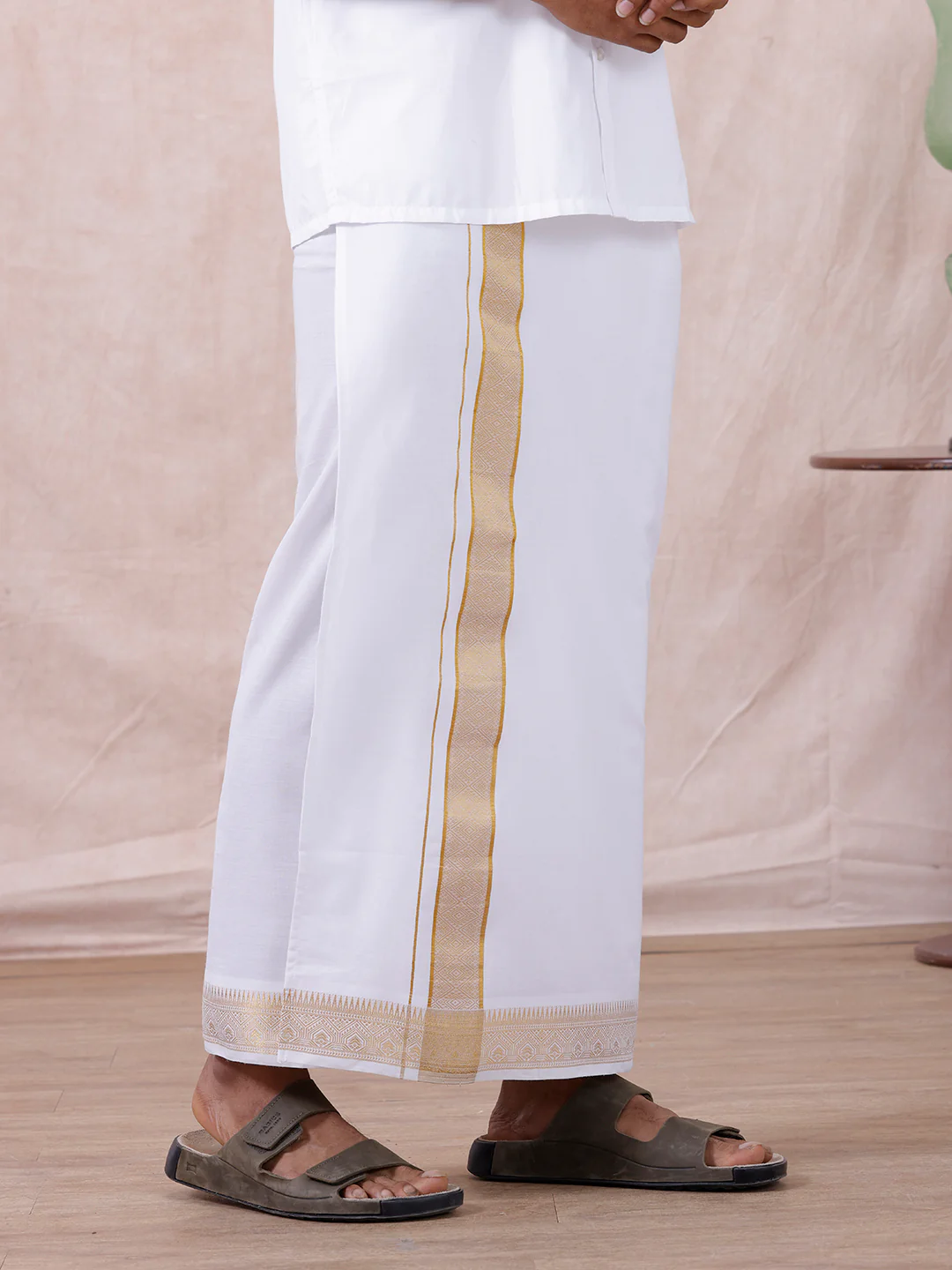 Men Cotton Blend Readymade Double Layer White Dhoti with Gold Jari Border GAA01 - Image 6