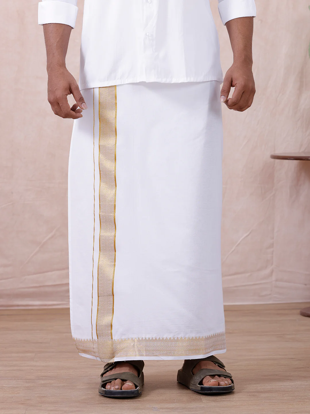 Men Cotton Blend Readymade Double Layer White Dhoti with Gold Jari Border GAA02 - Image 3