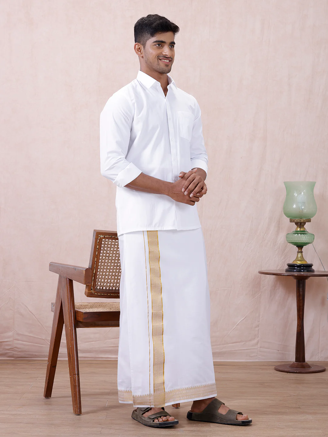Men Cotton Blend Readymade Double Layer White Dhoti with Gold Jari Border GAA02 - Image 5