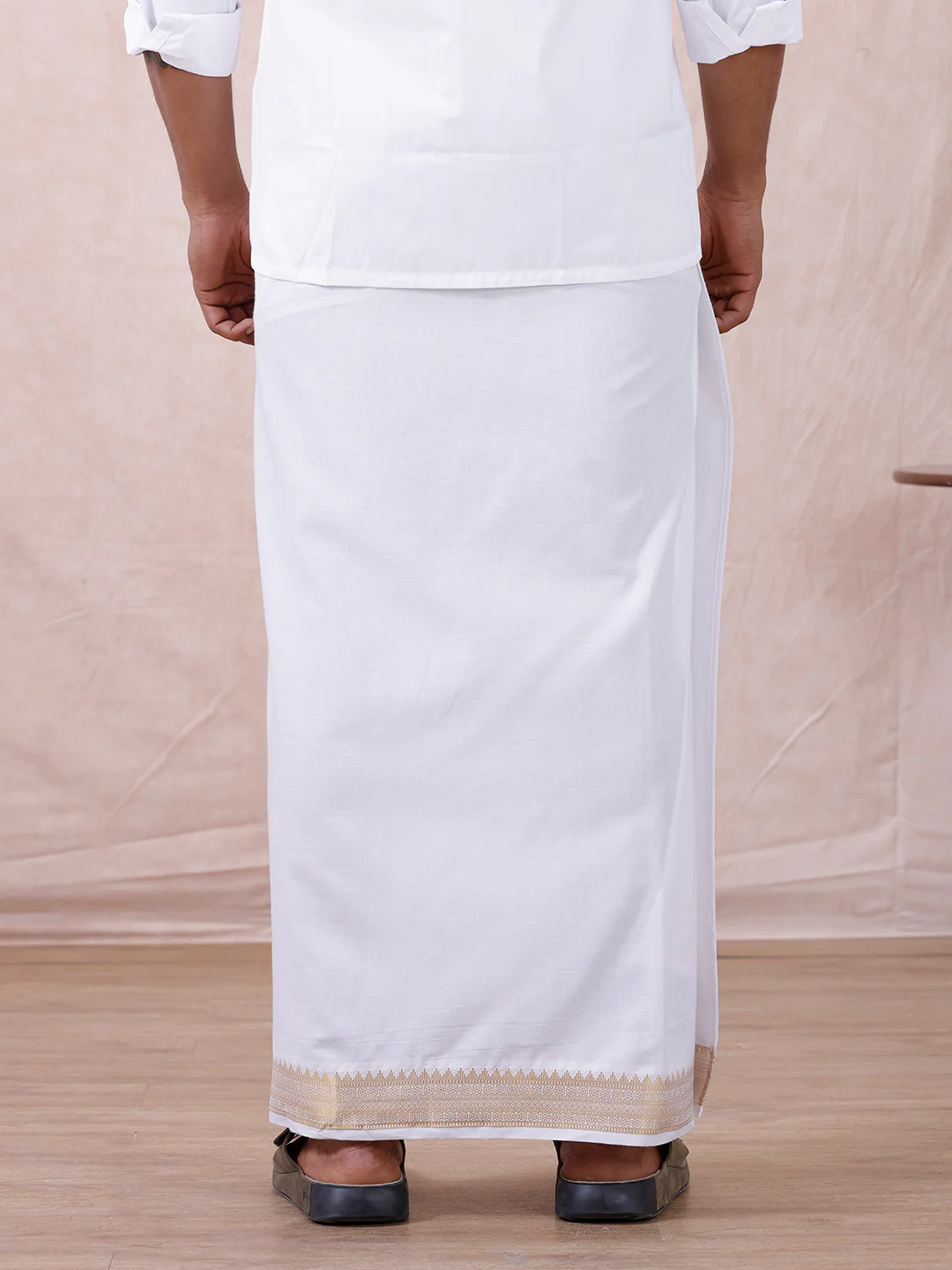 Men Cotton Blend Readymade Double Layer White Dhoti with Gold Jari Border GAA02 - Image 6