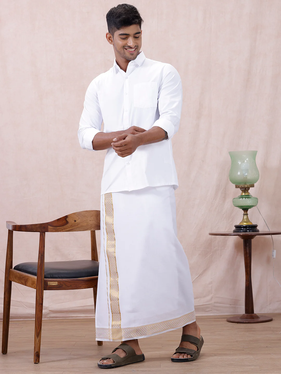 Men Cotton Blend Readymade Double Layer White Dhoti with Gold Jari Border GAA03 - Image 3
