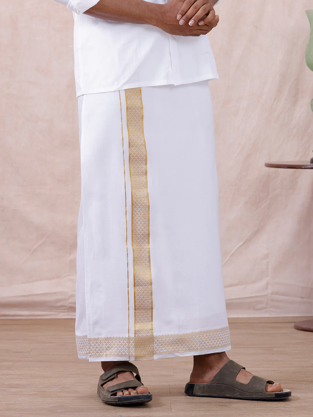 Men Cotton Blend Readymade Double Layer White Dhoti with Gold Jari Border GAA03 - Image 5