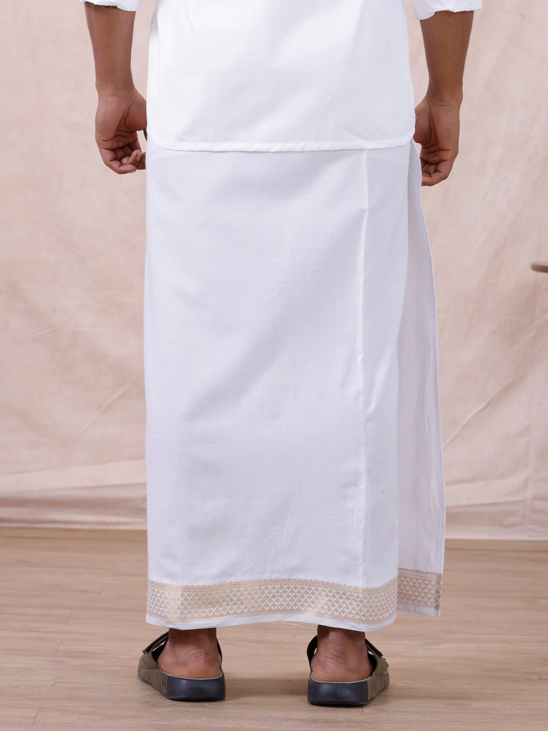 Men Cotton Blend Readymade Double Layer White Dhoti with Gold Jari Border GAA03 - Image 6
