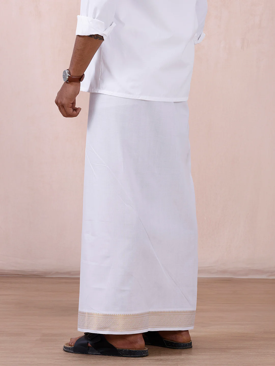 Men Cotton Blend Readymade Double Layer White Dhoti with Gold Jari Border GAA04 - Image 6