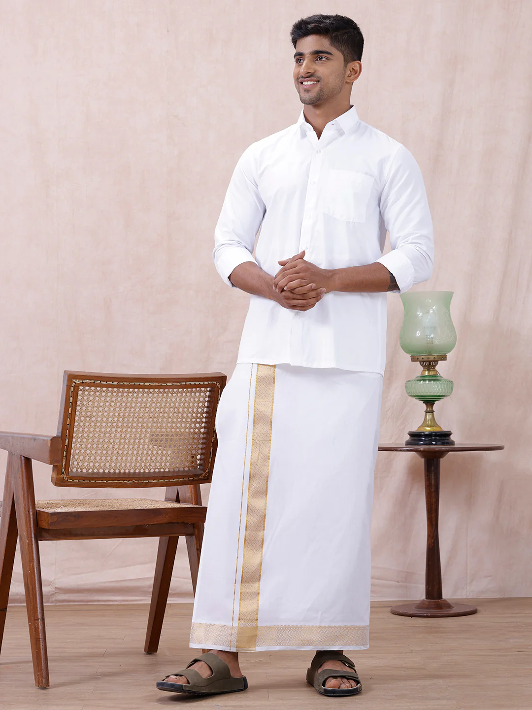 Men Cotton Blend Readymade Double Layer White Dhoti with Gold Jari Border GAA05 - Image 2