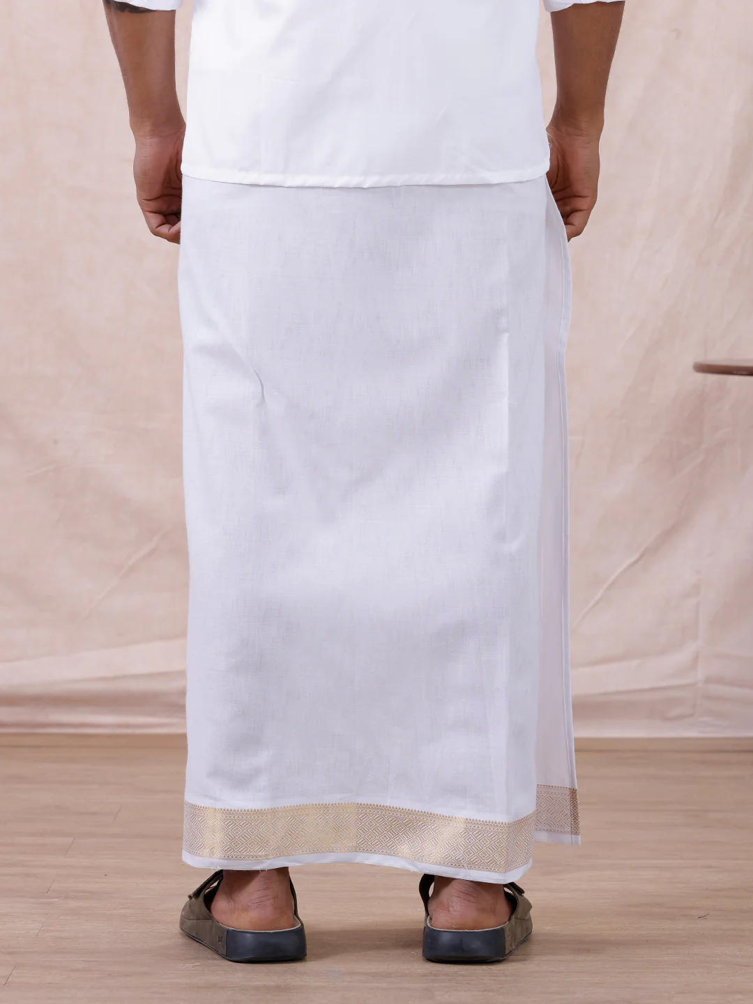 Men Cotton Blend Readymade Double Layer White Dhoti with Gold Jari Border GAA05 - Image 3