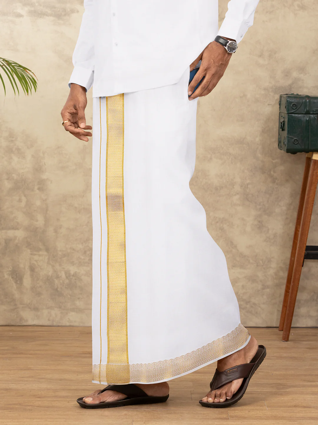 Men Cotton Blend Readymade Double Layer White Dhoti with Gold Jari Border GAA06