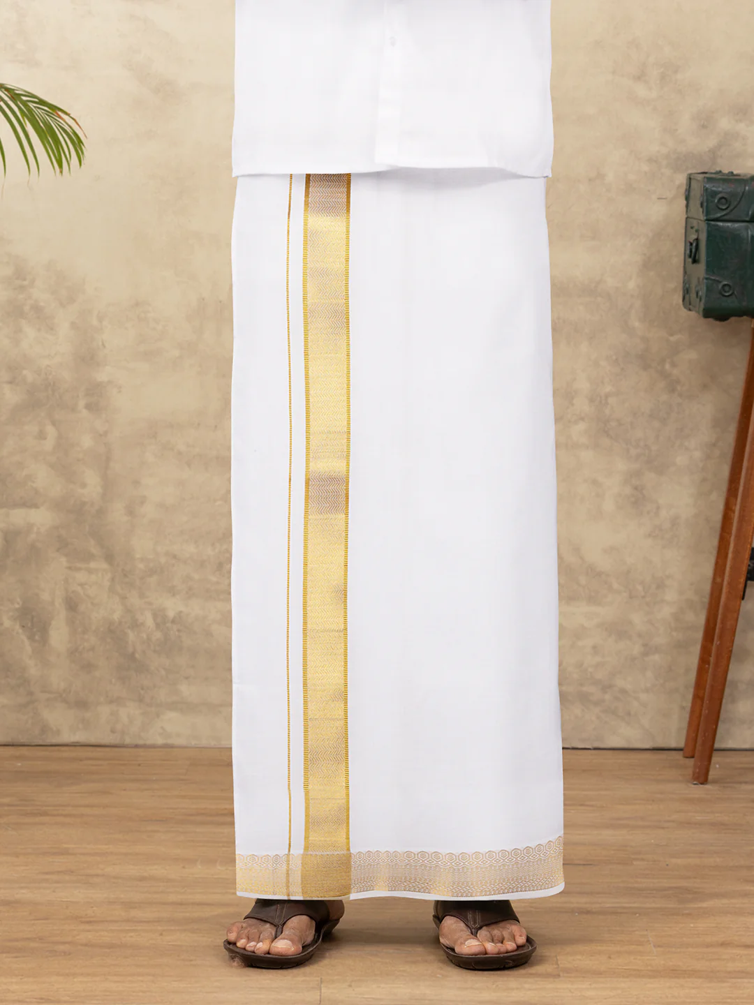 Men Cotton Blend Readymade Double Layer White Dhoti with Gold Jari Border GAA06 - Image 6