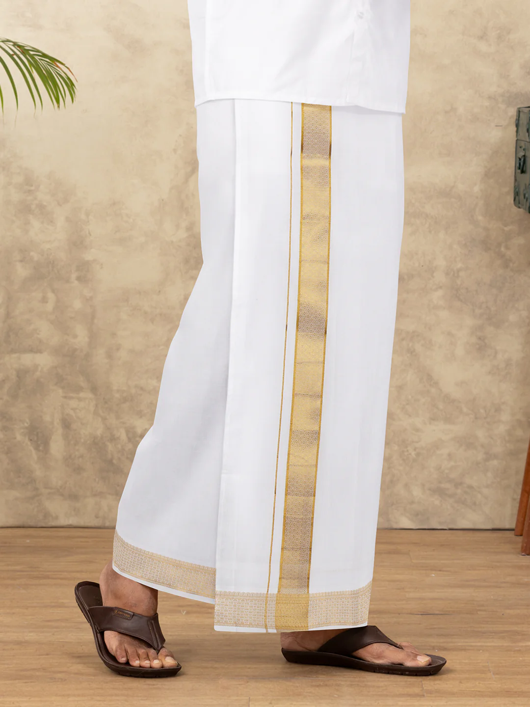 Men Cotton Blend Readymade Double Layer White Dhoti with Gold Jari Border GAA07 - Image 3