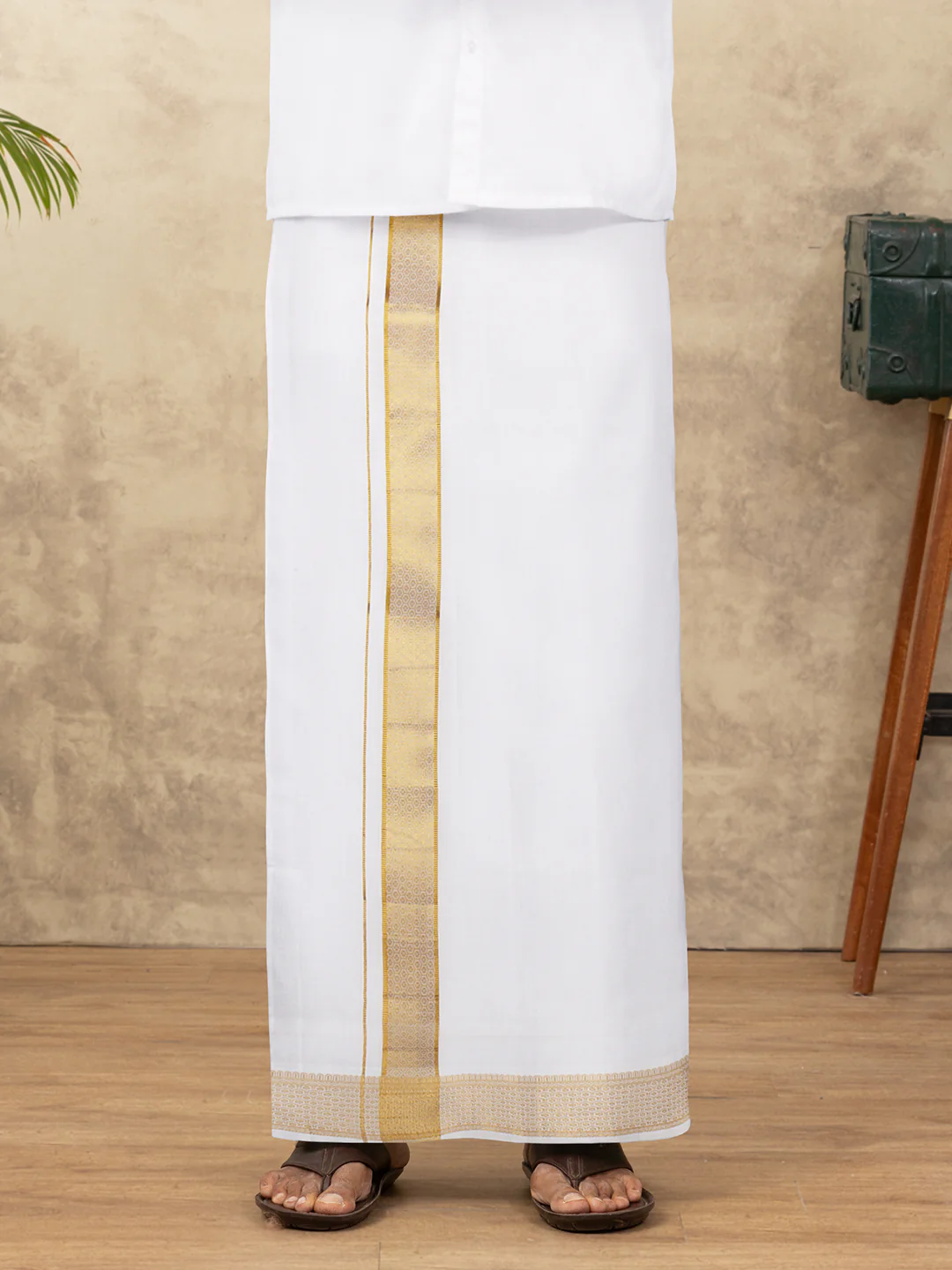 Men Cotton Blend Readymade Double Layer White Dhoti with Gold Jari Border GAA07 - Image 6