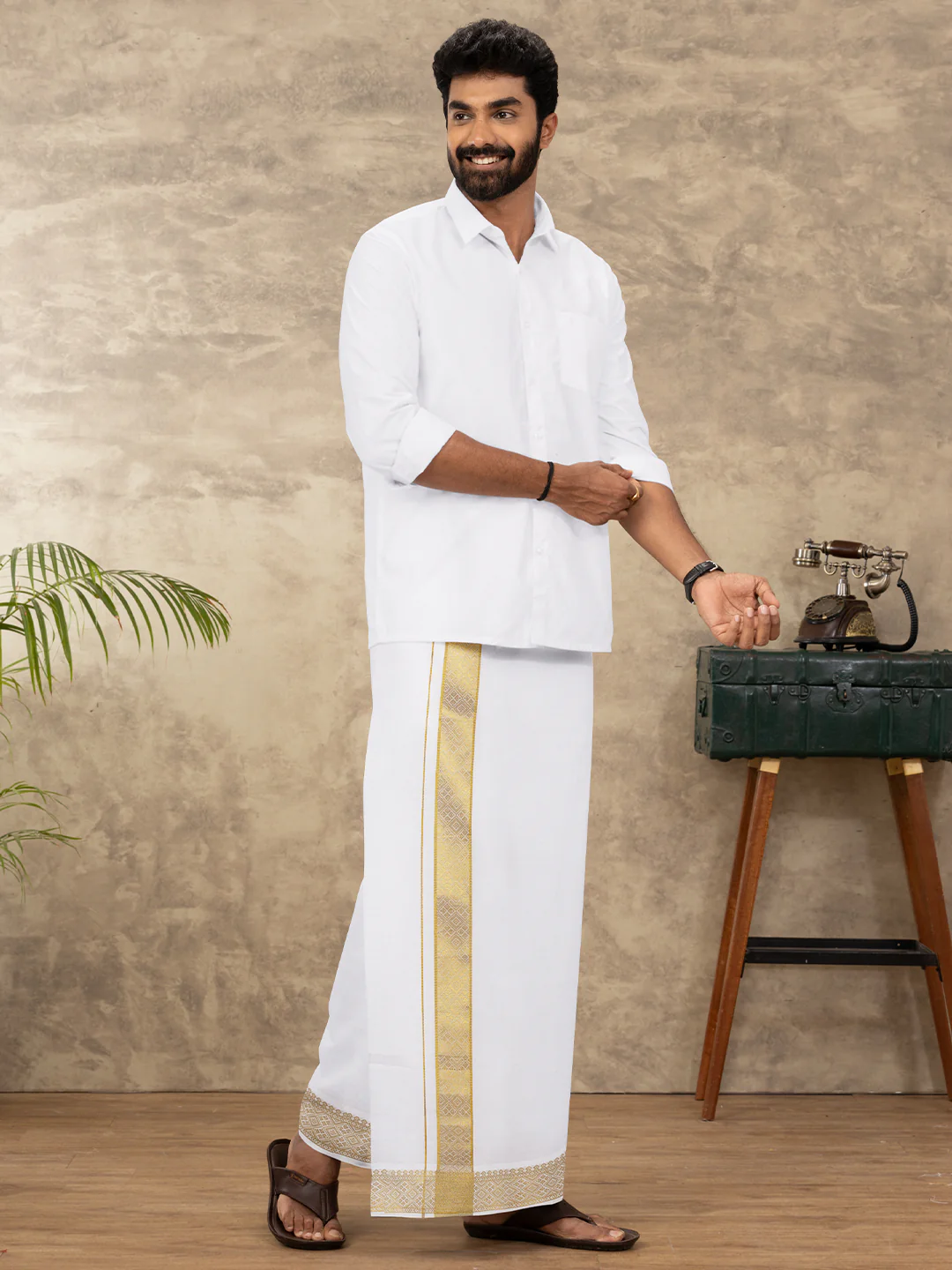 Men Cotton Blend Readymade Double Layer White Dhoti with Gold Jari Border GAA08 - Image 2