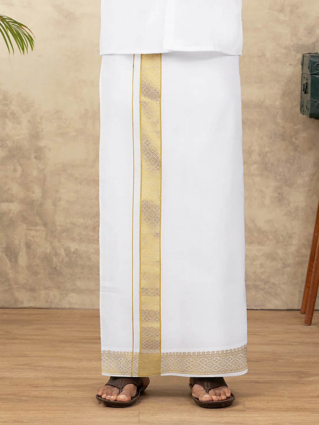 Men Cotton Blend Readymade Double Layer White Dhoti with Gold Jari Border GAA08 - Image 6