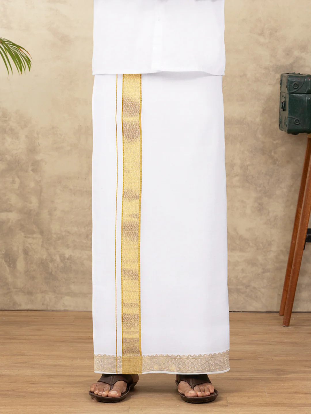 Men Cotton Blend Readymade Double Layer White Dhoti with Gold Jari Border GAA09 - Image 6