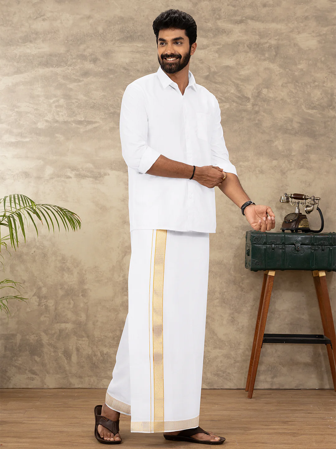 Men Cotton Blend Readymade Double Layer White Dhoti with Gold Jari Border GAA10 - Image 2