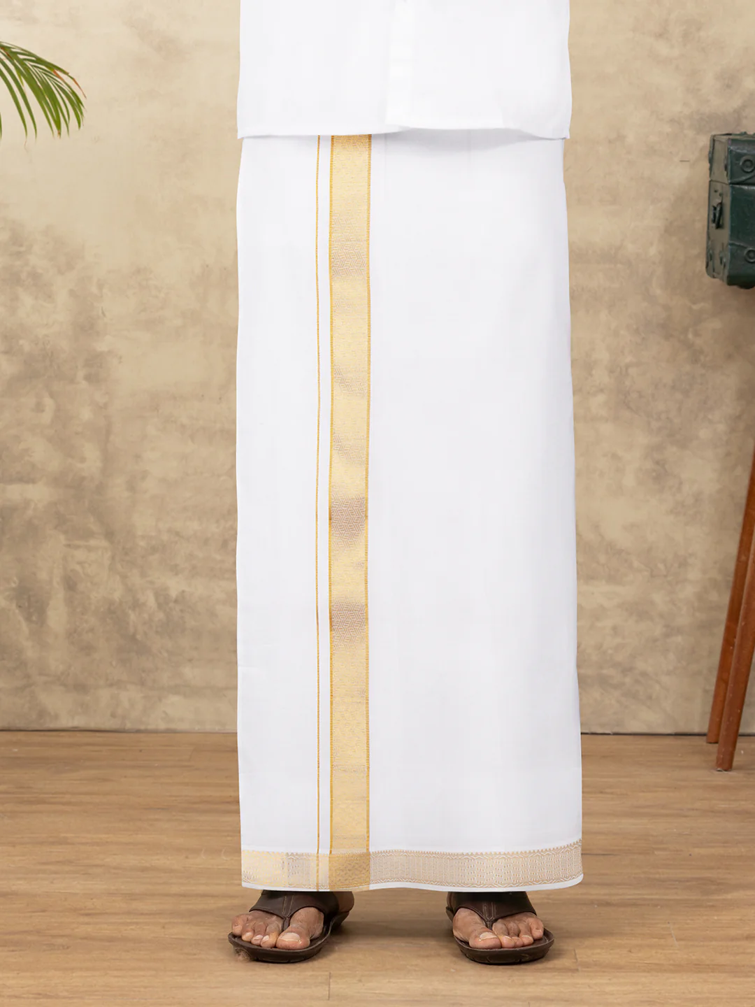 Men Cotton Blend Readymade Double Layer White Dhoti with Gold Jari Border GAA10 - Image 4