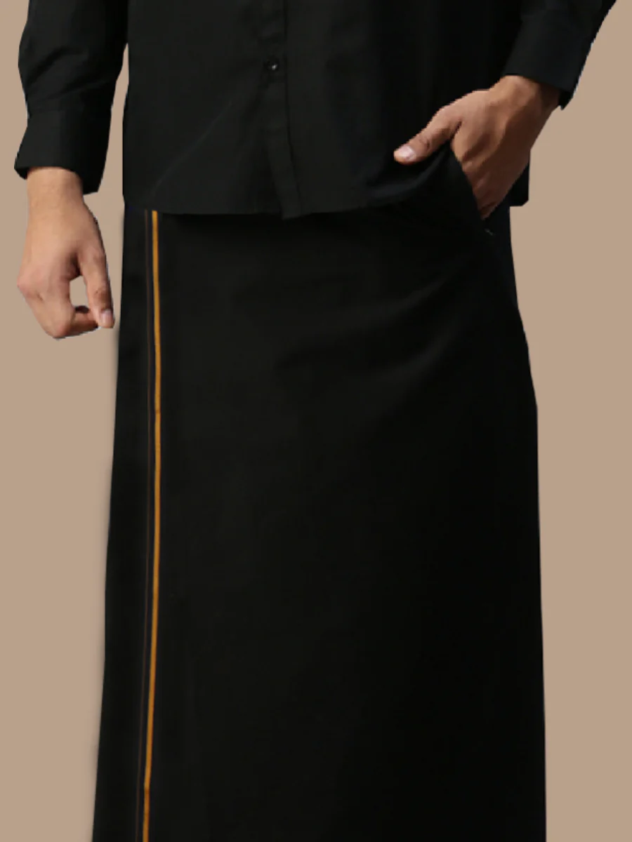 Men Cotton Blend Readymade Single Layer Black Dhoti with Assorted Border - Image 2