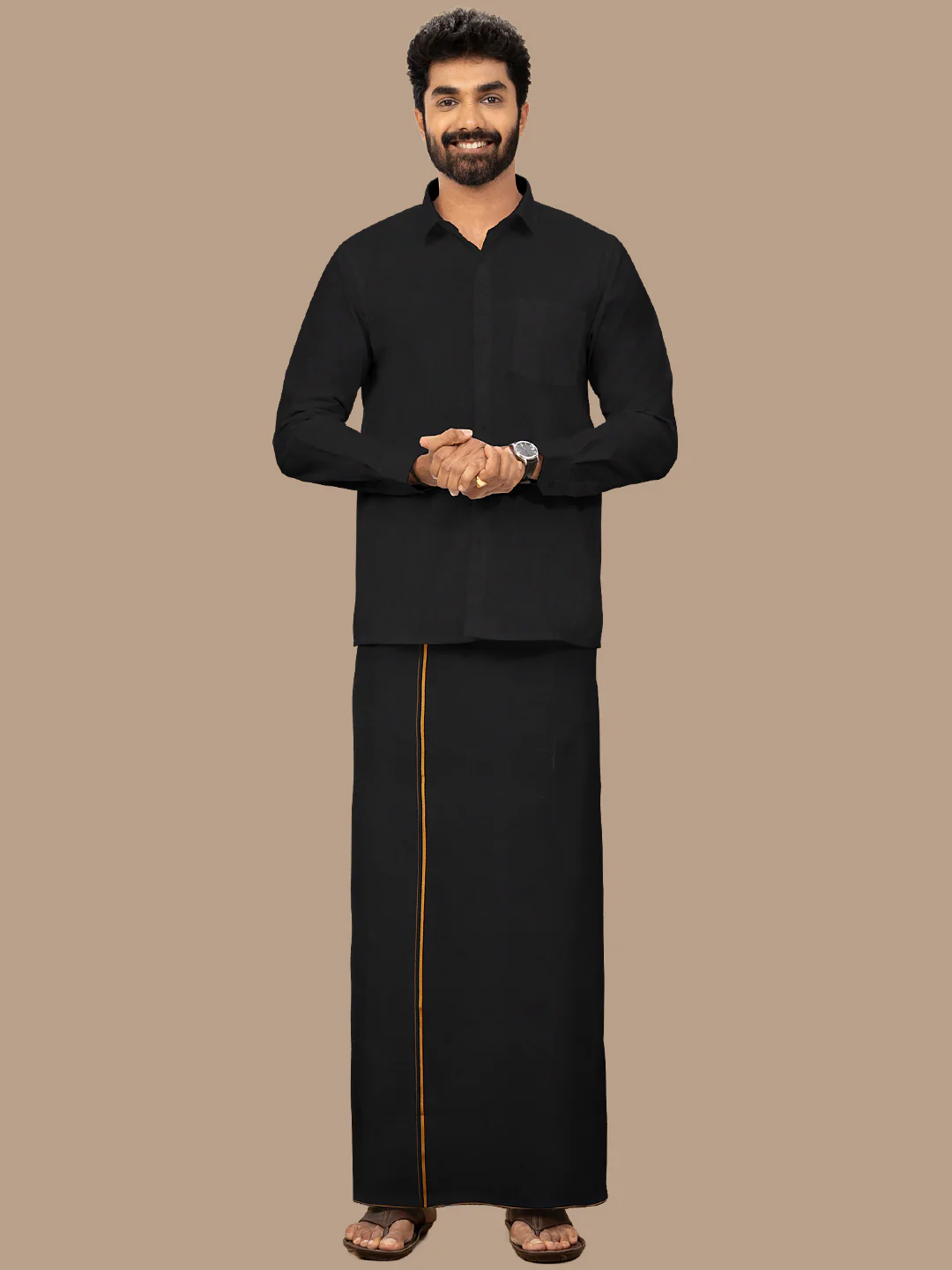 Men Cotton Blend Readymade Single Layer Black Dhoti with Assorted Border - Image 5
