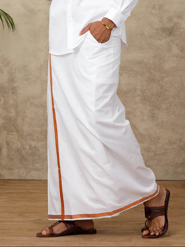 Men Cotton Blend Readymade Single Layer White Dhoti with 3/4" Copper Jari Border - Image 3