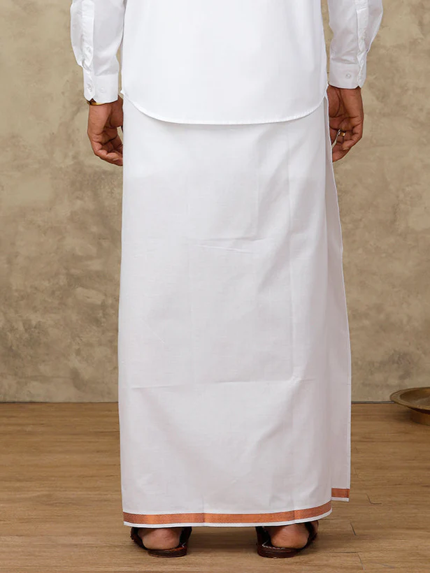 Men Cotton Blend Readymade Single Layer White Dhoti with 3/4" Copper Jari Border - Image 4