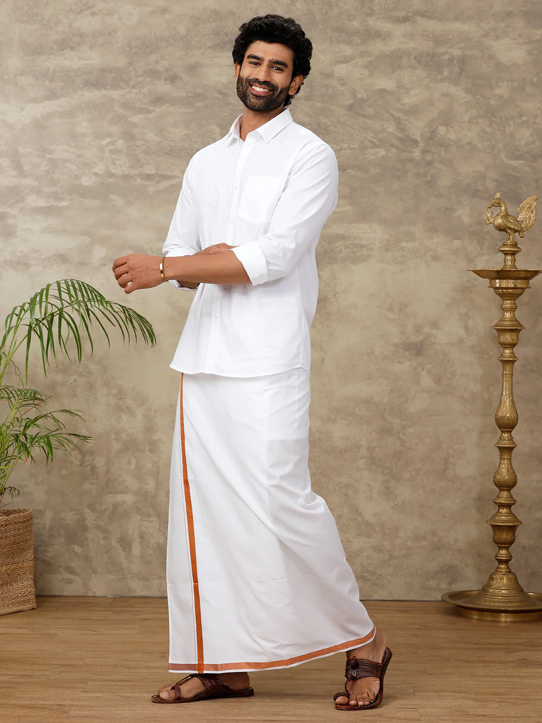 Men Cotton Blend Readymade Single Layer White Dhoti with 3/4" Copper Jari Border - Image 5