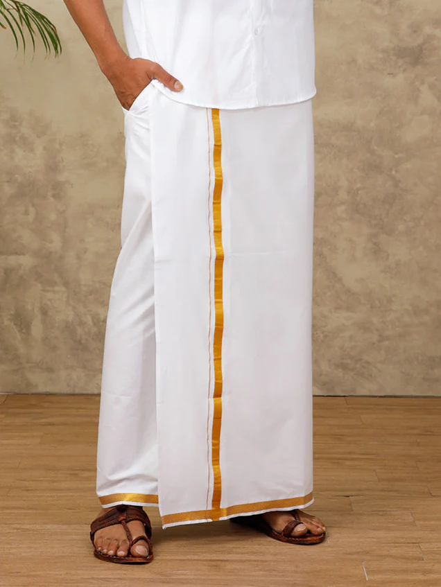 Men Cotton Blend Readymade Single Layer White Dhoti with 3/4" Gold Jari Border 248 - Image 3