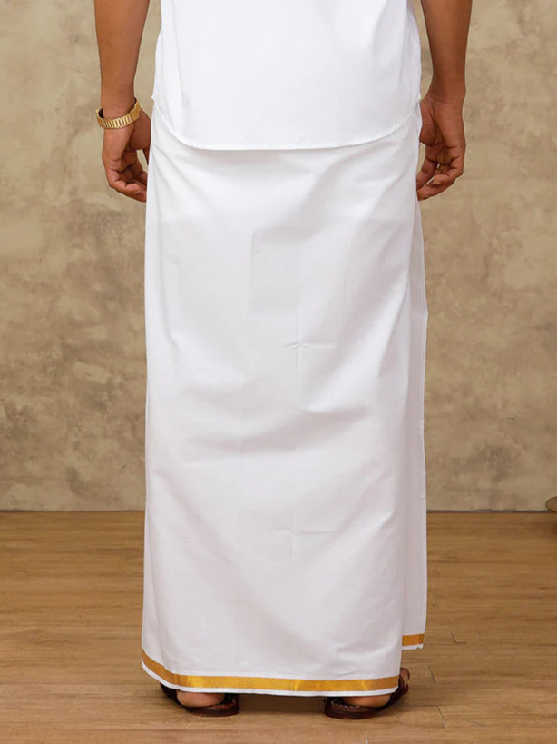 Men Cotton Blend Readymade Single Layer White Dhoti with 3/4" Gold Jari Border 248 - Image 4