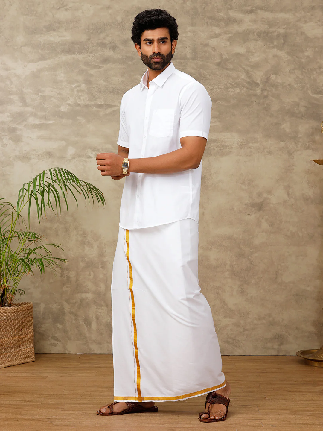 Men Cotton Blend Readymade Single Layer White Dhoti with 3/4" Gold Jari Border 248 - Image 5