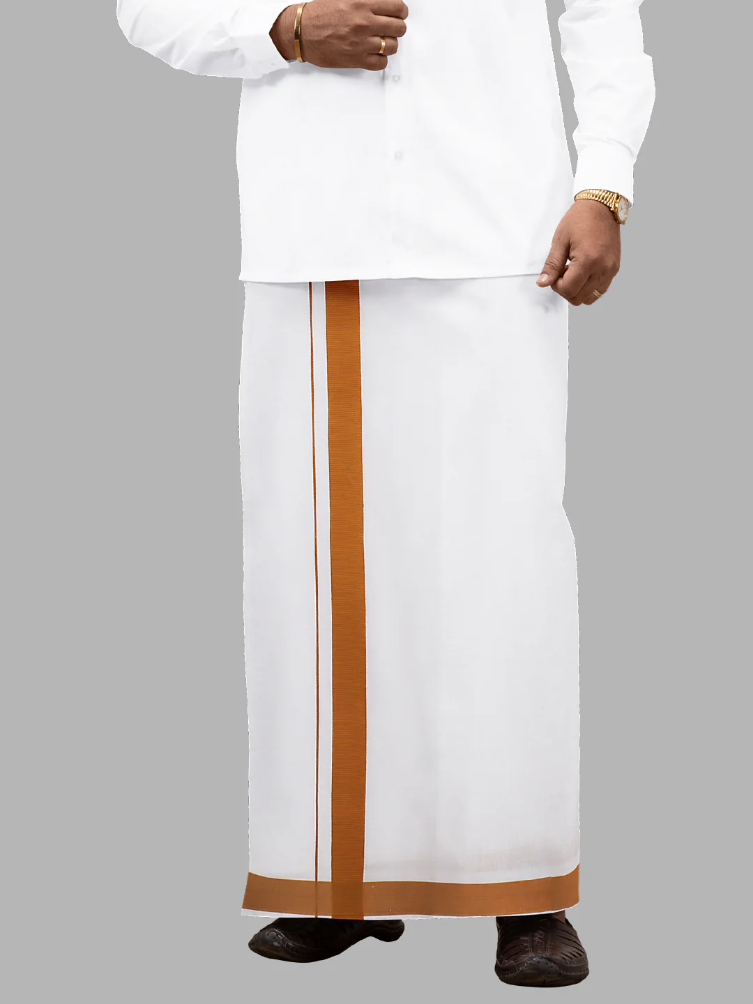 Men Cotton Blend Readymade Single Layer White Dhoti with Big Border GACS1 - Image 4