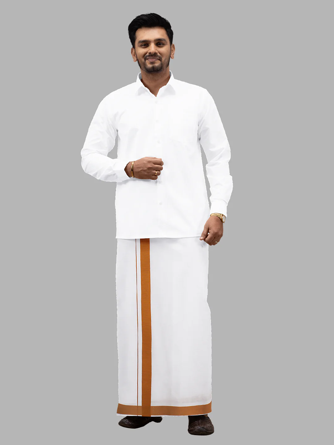 Men Cotton Blend Readymade Single Layer White Dhoti with Big Border GACS1 - Image 5