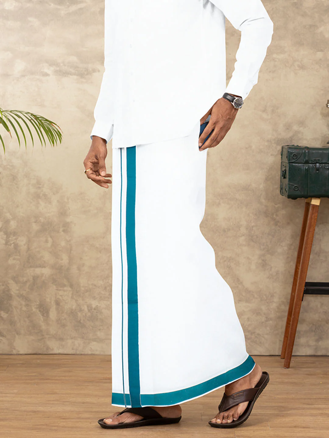 Men Cotton Blend Readymade Single Layer White Dhoti with Big Border GACS12