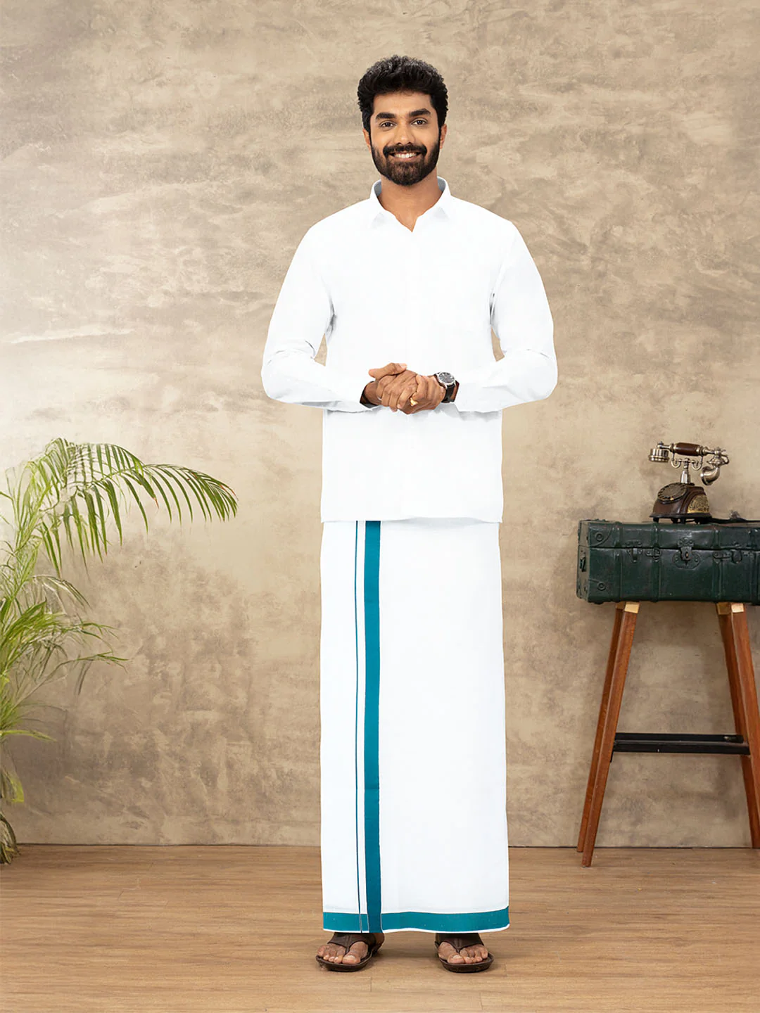 Men Cotton Blend Readymade Single Layer White Dhoti with Big Border GACS12 - Image 2