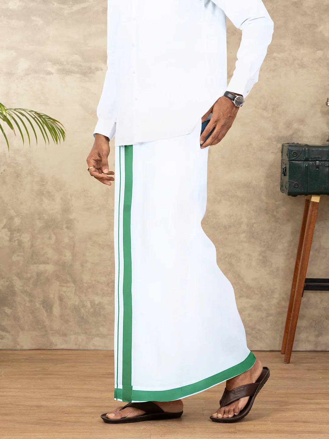 Men Cotton Blend Readymade Single Layer White Dhoti with Big Border GACS13