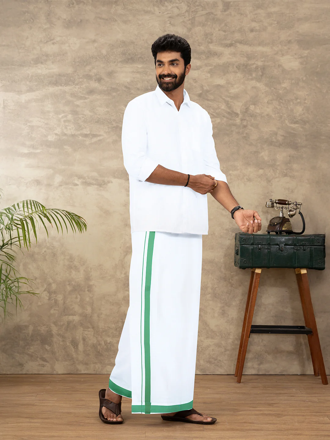Men Cotton Blend Readymade Single Layer White Dhoti with Big Border GACS13 - Image 2