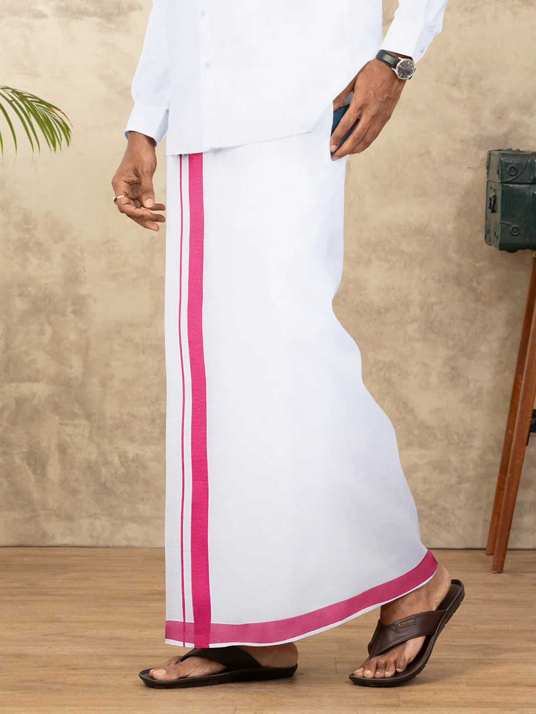 Men Cotton Blend Readymade Single Layer White Dhoti with Big Border GACS16