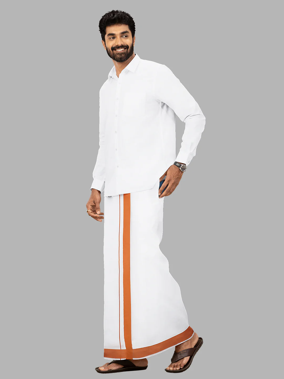 Men Cotton Blend Readymade Single Layer White Dhoti with Big Border GACS6 - Image 3