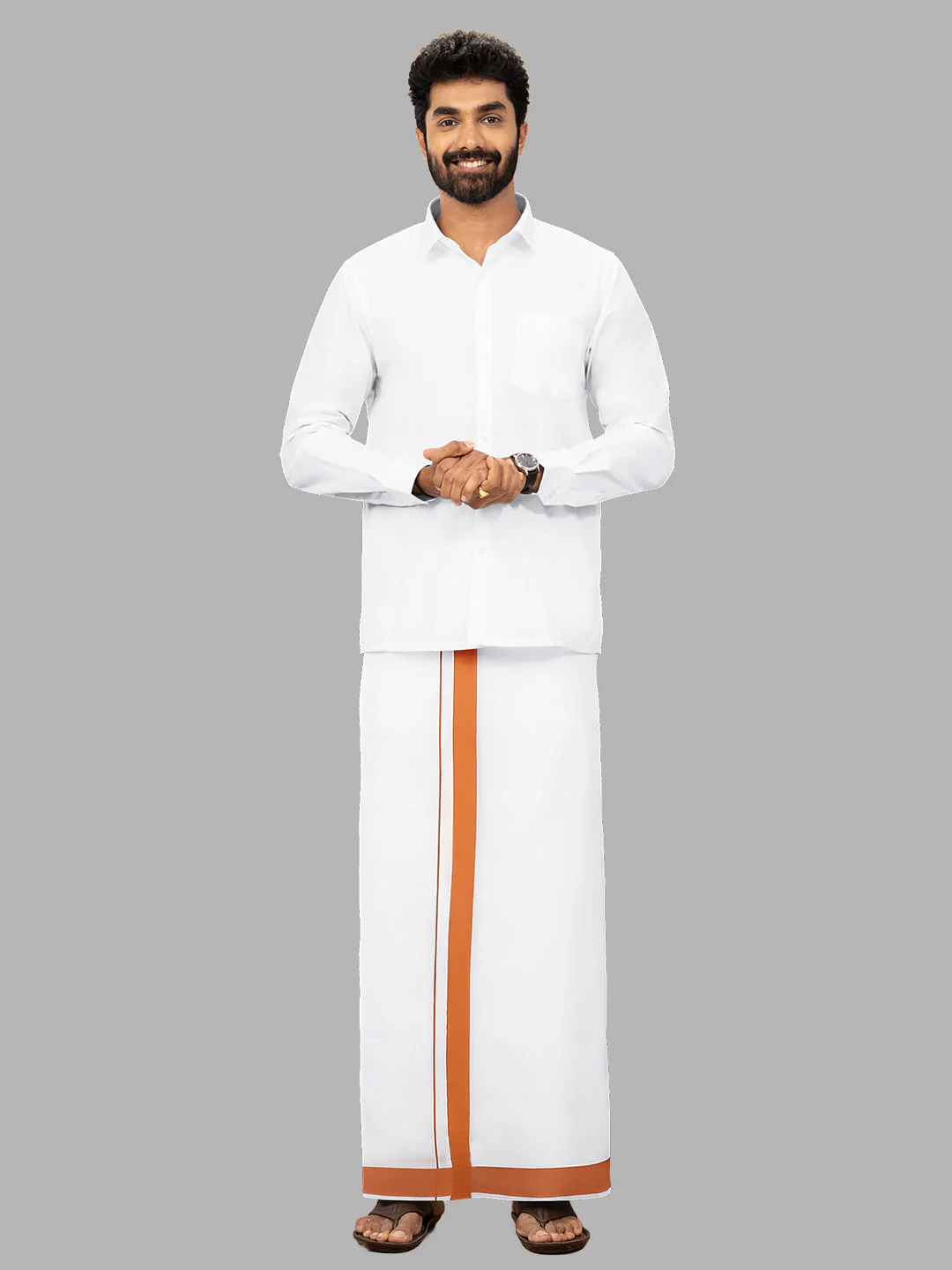 Men Cotton Blend Readymade Single Layer White Dhoti with Big Border GACS6 - Image 6
