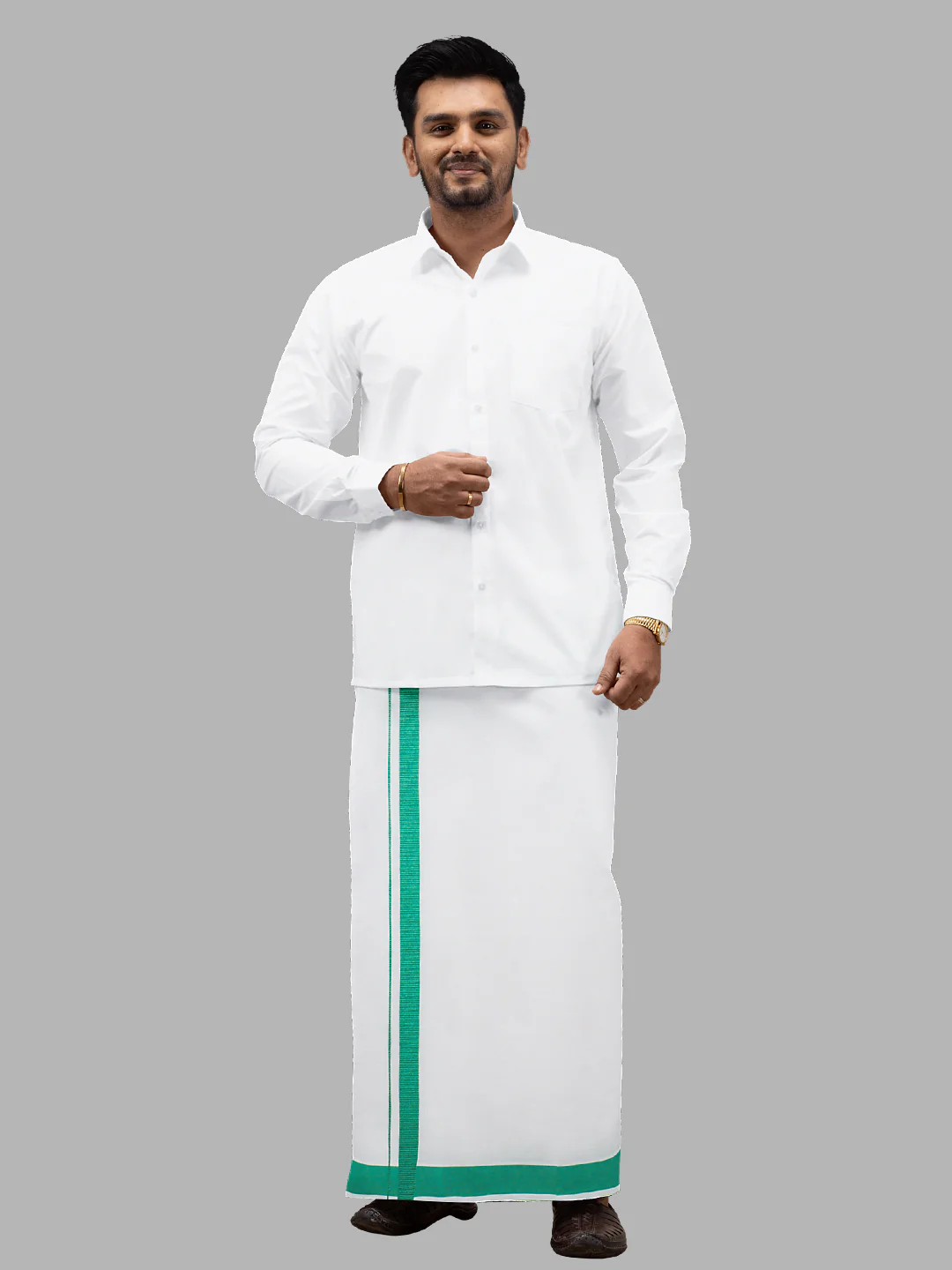 Men Cotton Blend Readymade Single Layer White Dhoti with Big Border GACS7 - Image 3