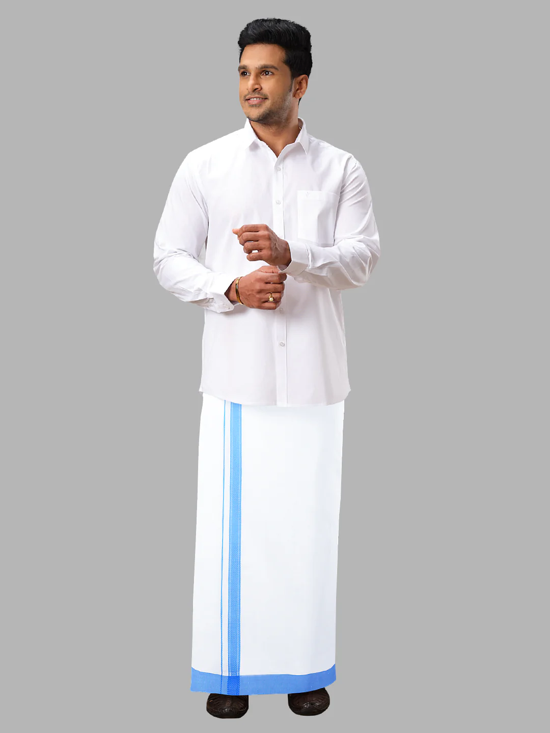 Men Cotton Blend Readymade Single Layer White Dhoti with Fancy Border GACF10 - Image 3